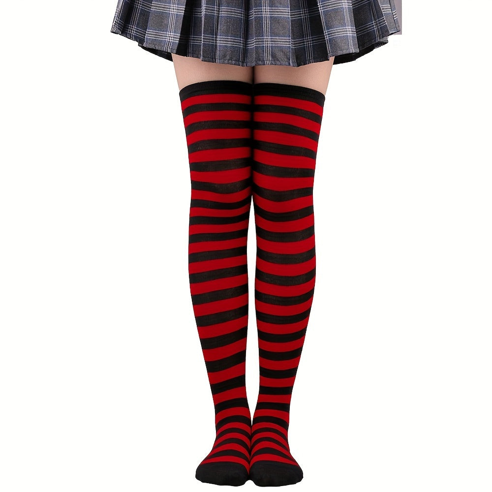 Calcetines hasta la rodilla con rayas vibrantes: calcetines hasta la pantorrilla para mujer, ideales para festivales de música, fiestas de cosplay y cualquier estilo. Medias suaves, elásticas y cómodas para usar todo el día.