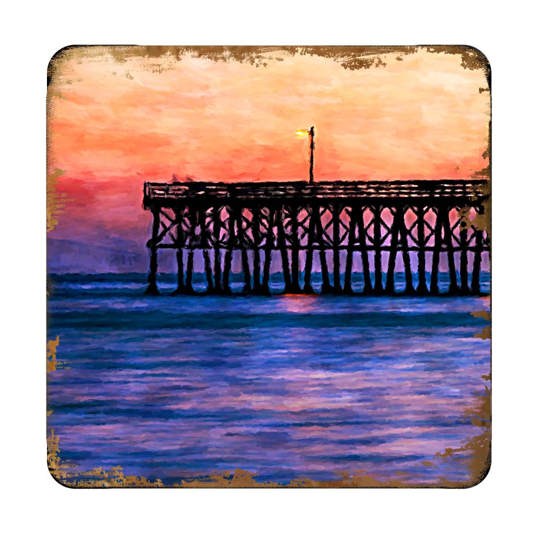 Juego de 4 posavasos de corcho de madera con diseño costero "Muelle al atardecer" de Nature Wonders - Decoración costera con vida marina - 95359C-S4