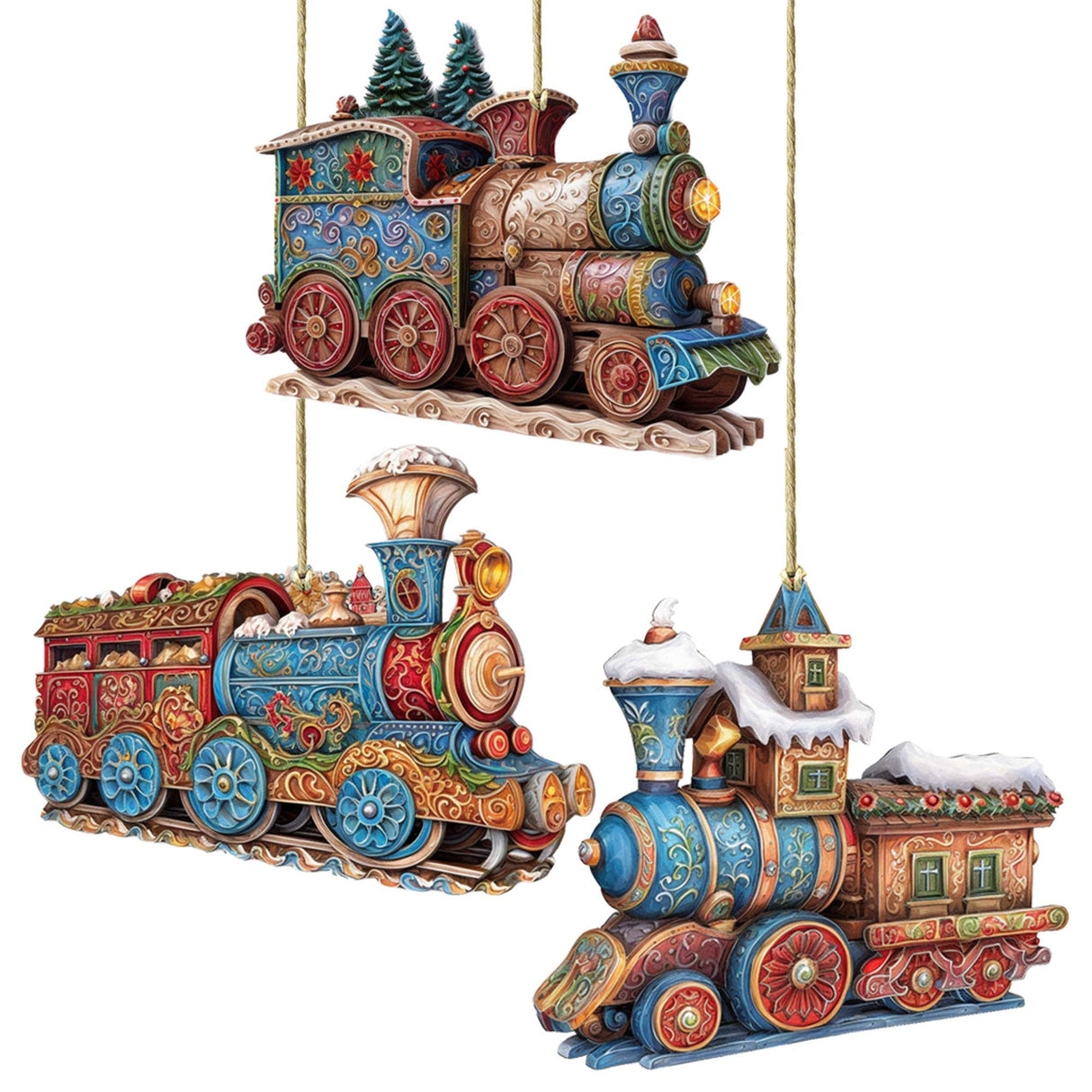 Christmas Train Wooden Ornaments Set of 3 by G. Debrekht - Christmas Decor - 8100198S3