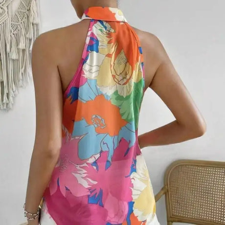 Ladies' Colorful Floral Print Sleeveless Vacation Style Loose Chiffon Shirt - Lootquake