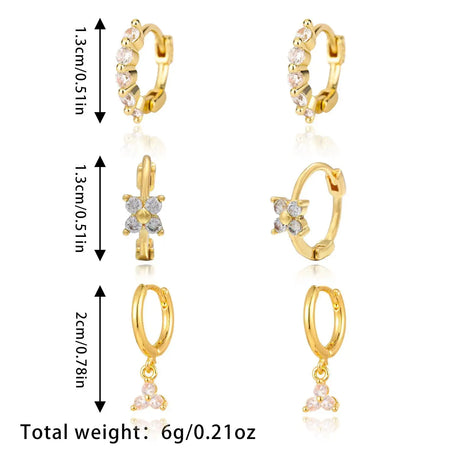 Brass Real Gold Plating Inlaid Zircon Geometric Flower Three-piece Set - Lootquake