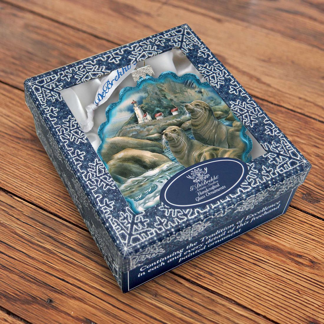 Adorno de cristal con forma de corona de leones marinos y cuevas del faro, de J. Bergsma - Decoración navideña con temática de vida silvestre - 759-883-JB