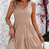 Women's  European And American Summer Casual V-neck Three-layer Pleated Sleeveless Vest Dress