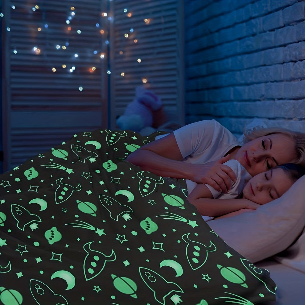 1 manta espacial vibrante que brilla en la oscuridad - Franela suave para ropa de cama infantil - Acogedora decoración para sofá cama y sala de estar con diseño de cielo estrellado - Regalo de cumpleaños perfecto para niños y niñas