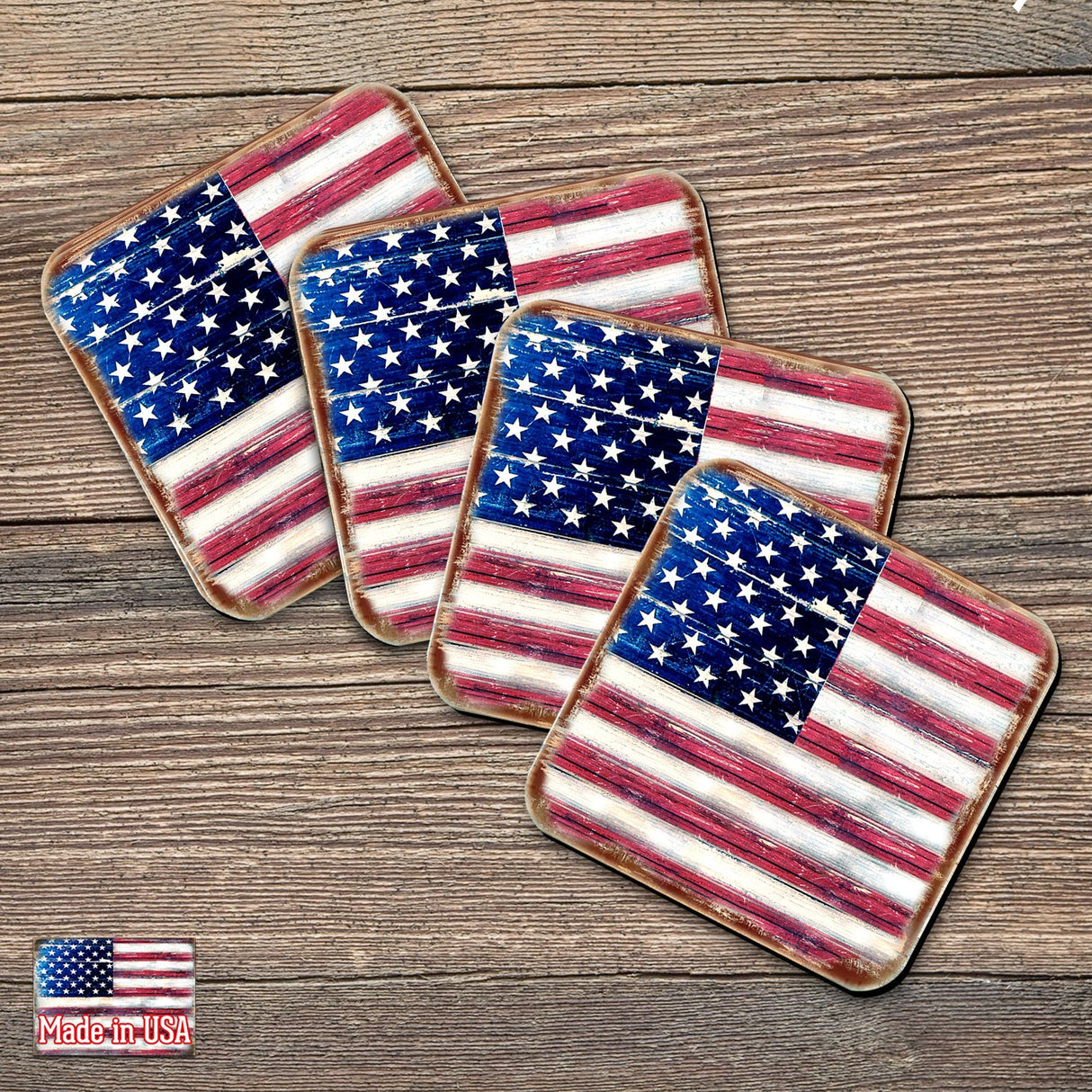 Juego de 4 posavasos de corcho de madera con la bandera de la libertad americana de Nature Wonders - Decoración patriótica americana - 8185099C-S4