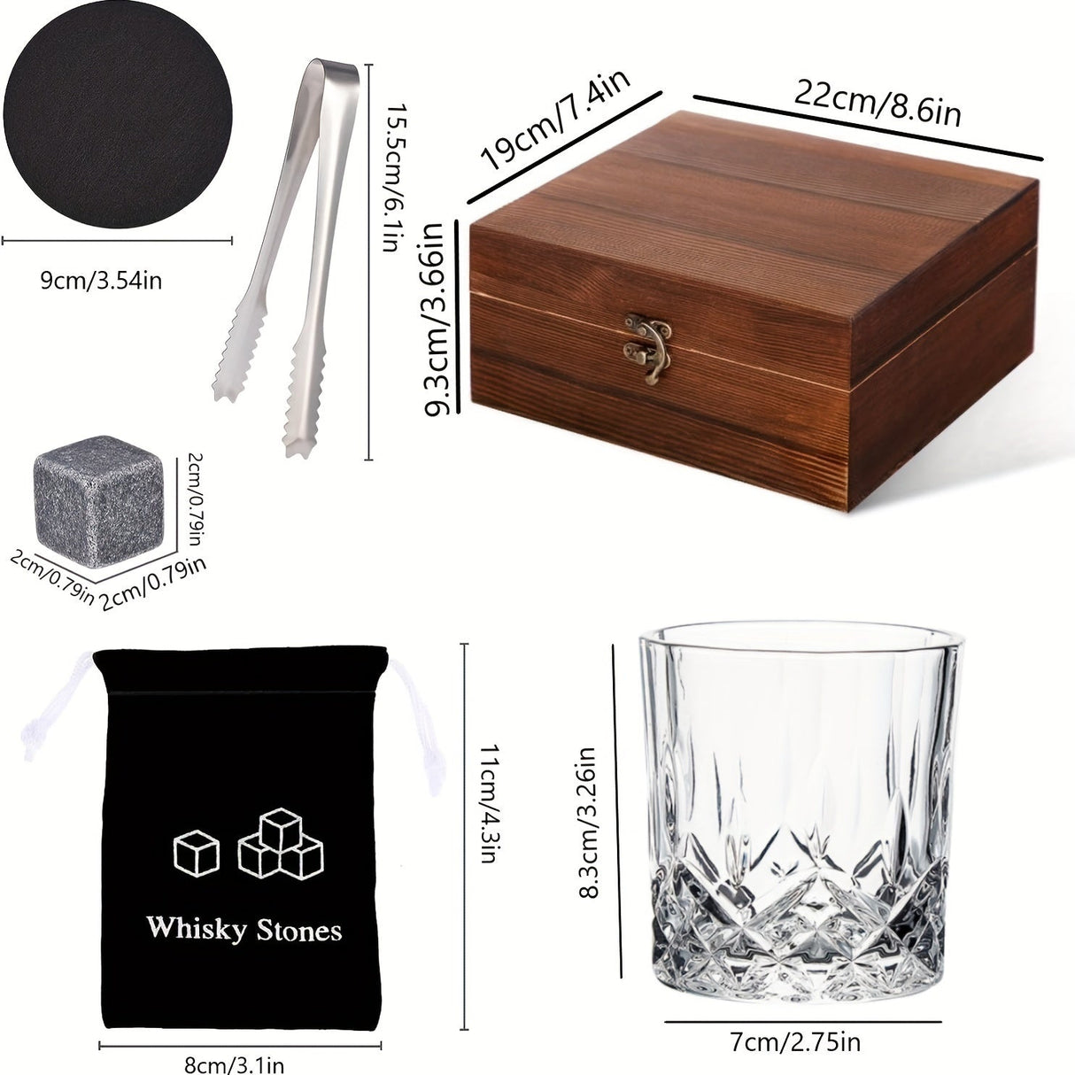 Whiskey Glasses Gift Set with Stones & Tongs
