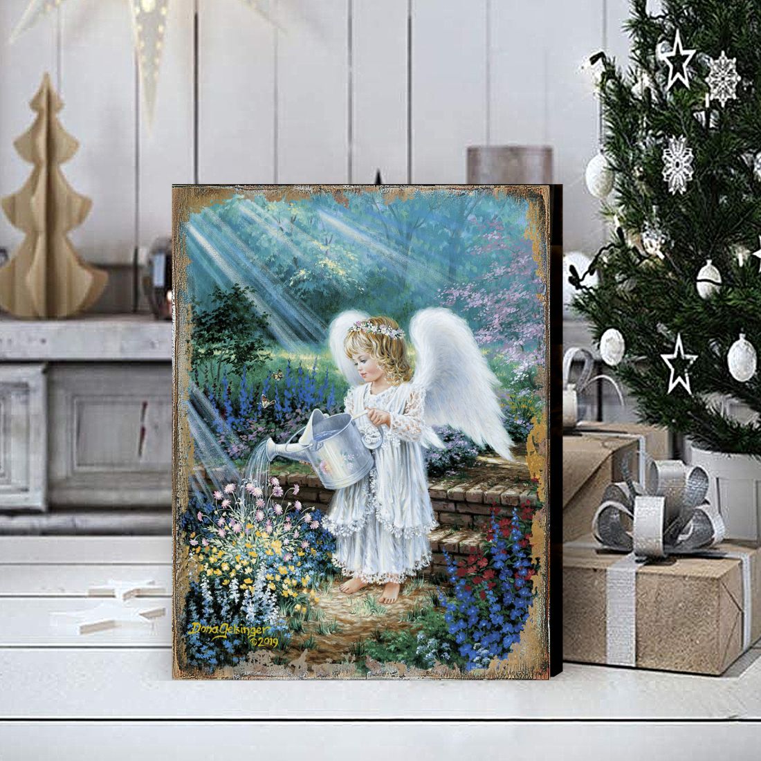 Arte mural de madera "El regalo de un ángel" de D. Gelsinger - Decoración navideña para la Natividad - 95661B-9708