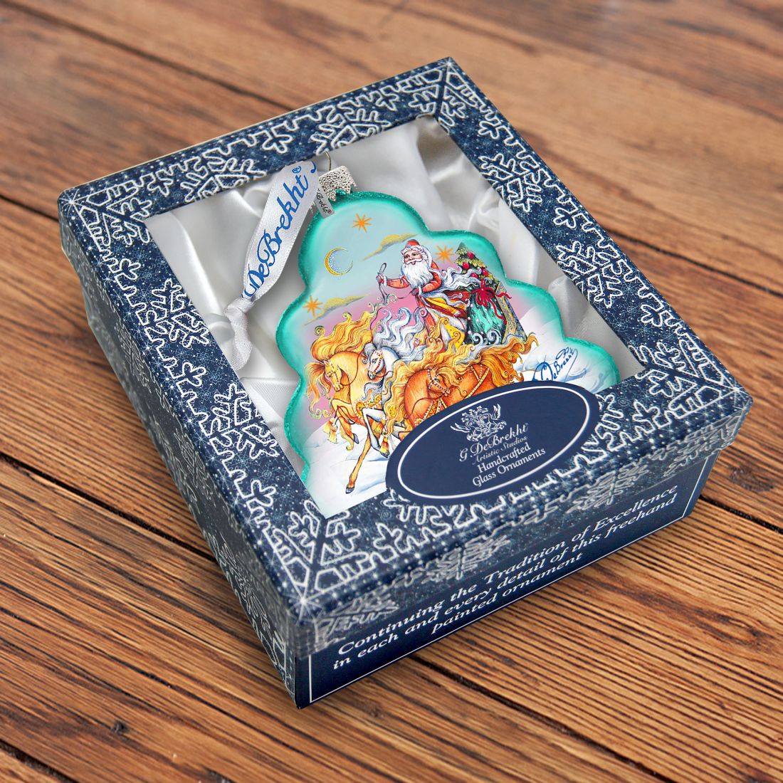 Sleigh Ride Tree Glass Ornament by G. DeBrekht - Christmas Santa Snowman Decor - 762-018