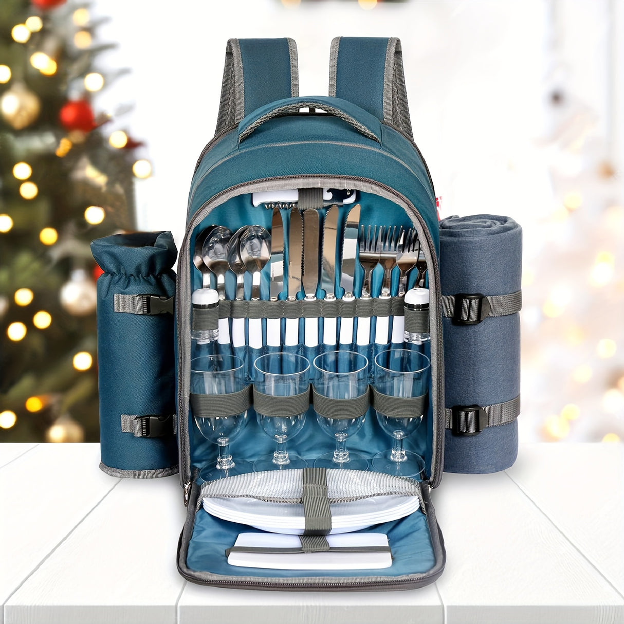 4-Person Picnic Backpack with Cooler Compartment, Detachable Bottle/Wine Holder, Fleece Blanket, Plates & Cutlery Set - Perfect for Outdoor, Sports, Hiking, Camping, BBQs (Coffee), Camping Essentials | Stylish Picnic Bag | St