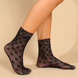 Elegancia chic, calcetines ultrafinos transparentes para mujer con ribete de encaje y estampado floral - Malla transpirable, mezcla de nailon