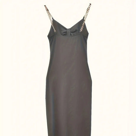 Women's Solid Color New Fashionable Metal Chain Hollow Chest Pleat Details Slit Design Sense Long Sexy Style Dress - Lootquake
