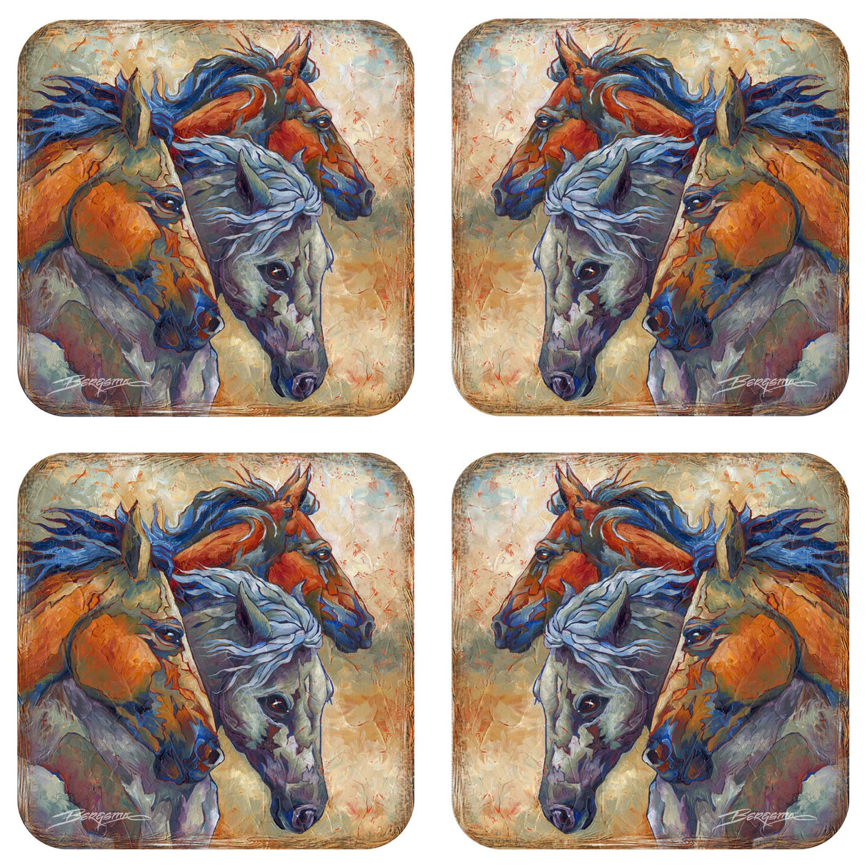 Herd of Horses Wooden Cork Coasters Gift Set of 4 by J. Bergsma - Wildlife Decor  - 8199458C-S4