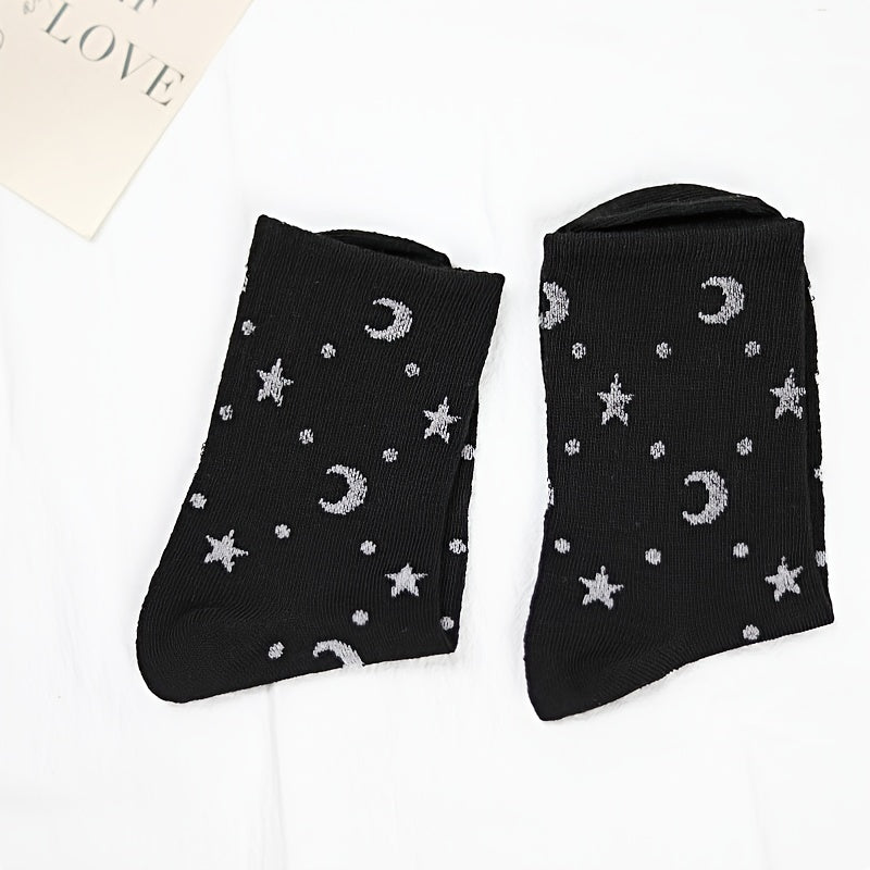 2 pares de calcetines con estampado de estrellas y lunas, cómodos y transpirables, medias de tubo medio para mujer.