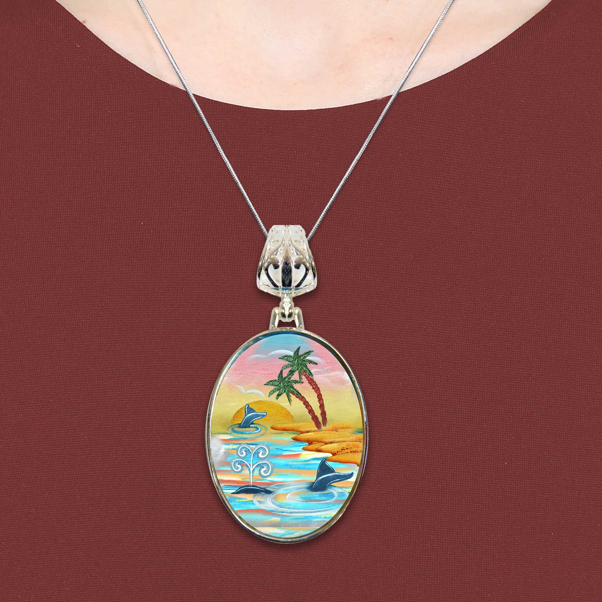 Calm Palms Silver Plated Mother of Pearl Jewelry Pendant Necklace - 44048