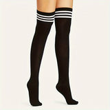 2 pares de medias altas hasta el muslo con rayas retro - Estilo universitario de moda - Calcetines suaves y elásticos por encima de la rodilla para el armario de una mujer