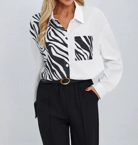 Ladies' Collar Print Button Chest Pocket Fashionable Shirt - Lootquake