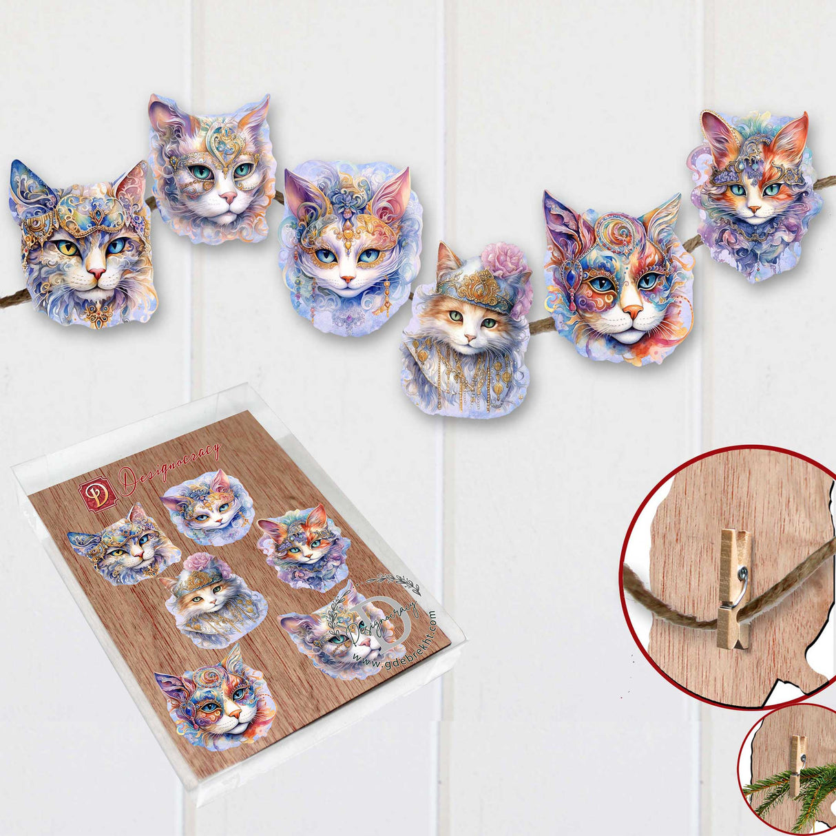 Cats Masks Decorative Wooden Clip-on Ornaments Set of 6 by G. Debrekht - Christmas Decor - 8090033C-S6