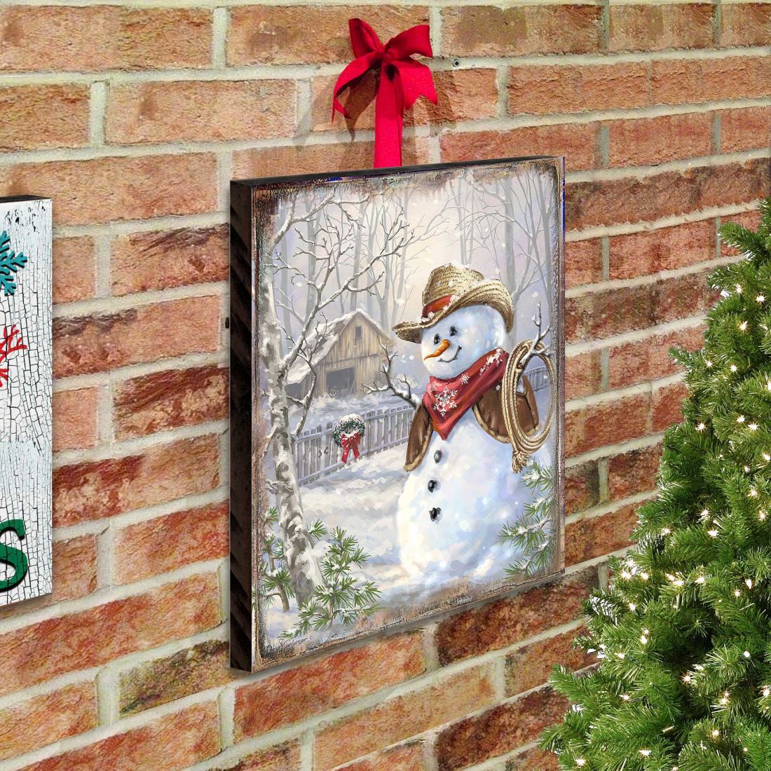 Cowboy Snowman Art Wooden Wall Art by D. Gelsinger - Christmas Santa Snowman Decor - 95604B-1541