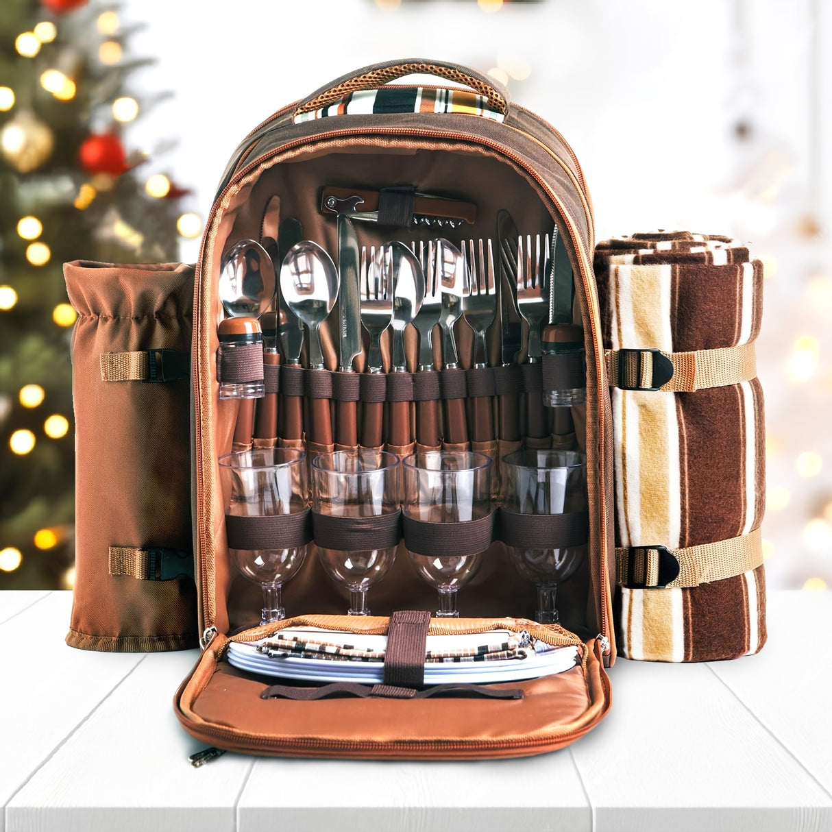 4-Person Picnic Backpack with Cooler Compartment, Detachable Bottle/Wine Holder, Fleece Blanket, Plates & Cutlery Set - Perfect for Outdoor, Sports, Hiking, Camping, BBQs (Coffee), Camping Essentials | Stylish Picnic Bag | St