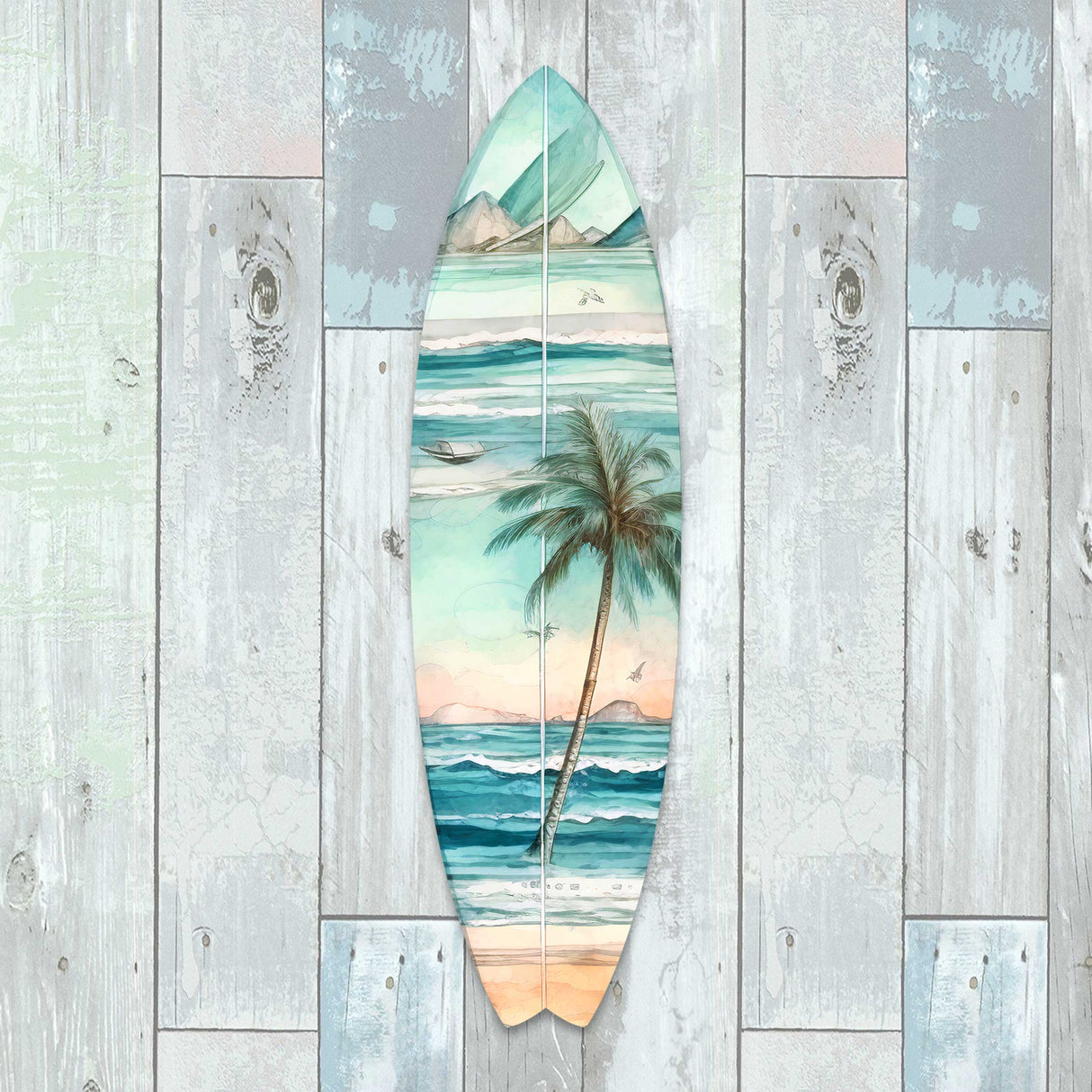 Tabla de surf con palmeras tropicales, arte mural costero de G. DeBrekht - Decoración costera navideña - 8490112HS