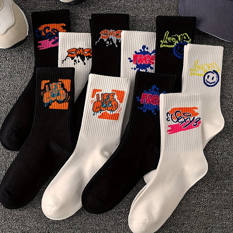 10Pairs Mens Graffiti Art Socks - Fashion-Forward, Cotton Blend, Breathable & Comfortable - Unisex, Outdoor Ready, All-Season Casual Wear