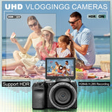 Cámara digital NBD de 64 MP para fotografía, videocámara 5K para YouTube con pantalla abatible de 3", zoom digital de 16x, enfoque automático, 2 baterías, tarjeta TF de 32 GB (S205, negra)