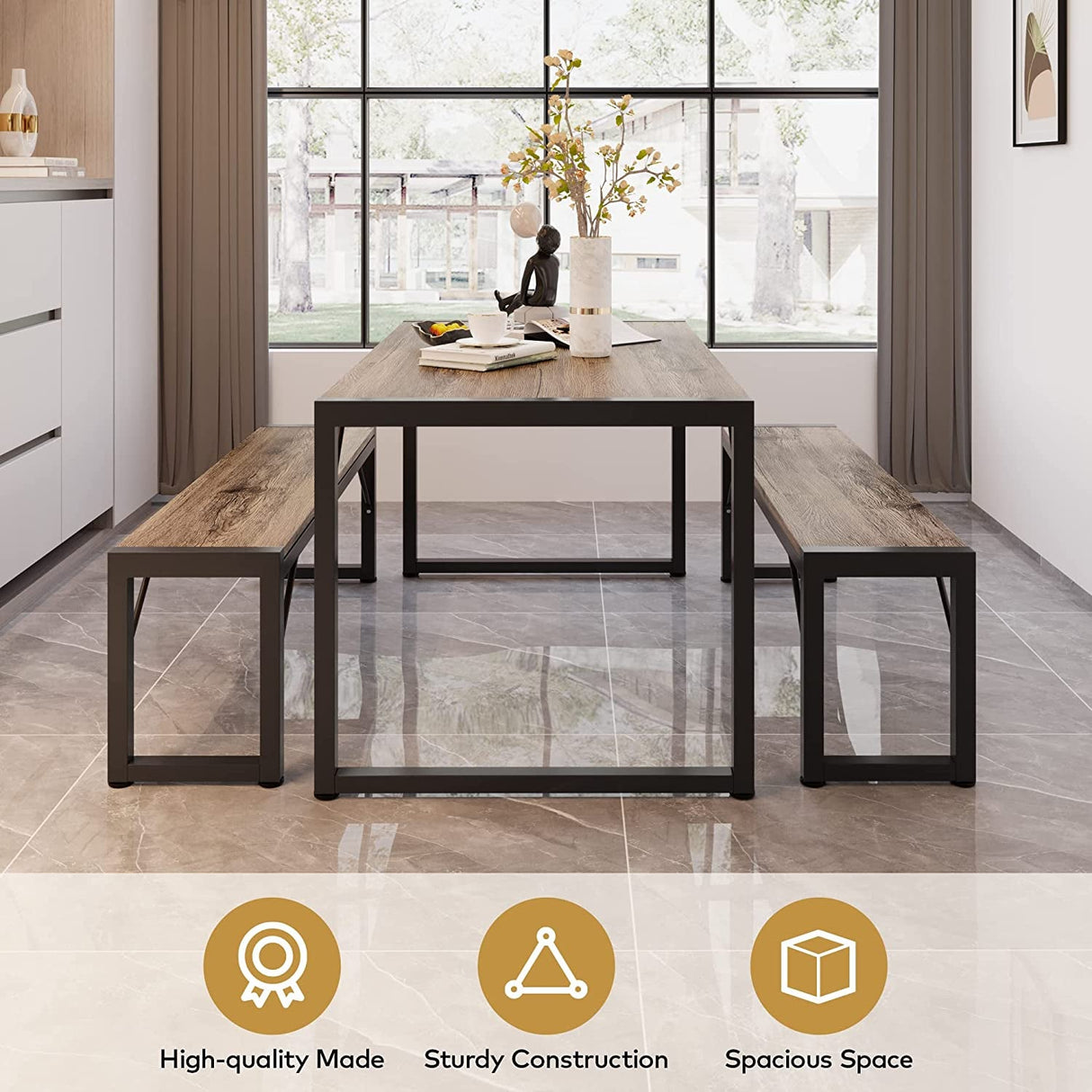 Dining Table Set for 4 with 2 Benches, Gray