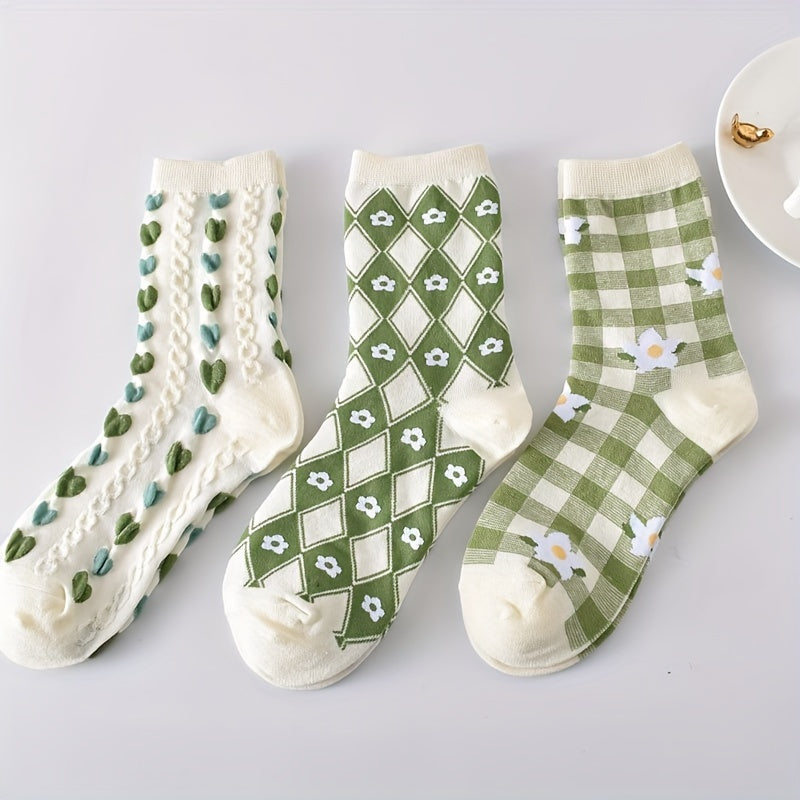 5 paires de chaussettes à imprimé floral, chaussettes mi-hautes douces et confortables, bas et collants pour femmes