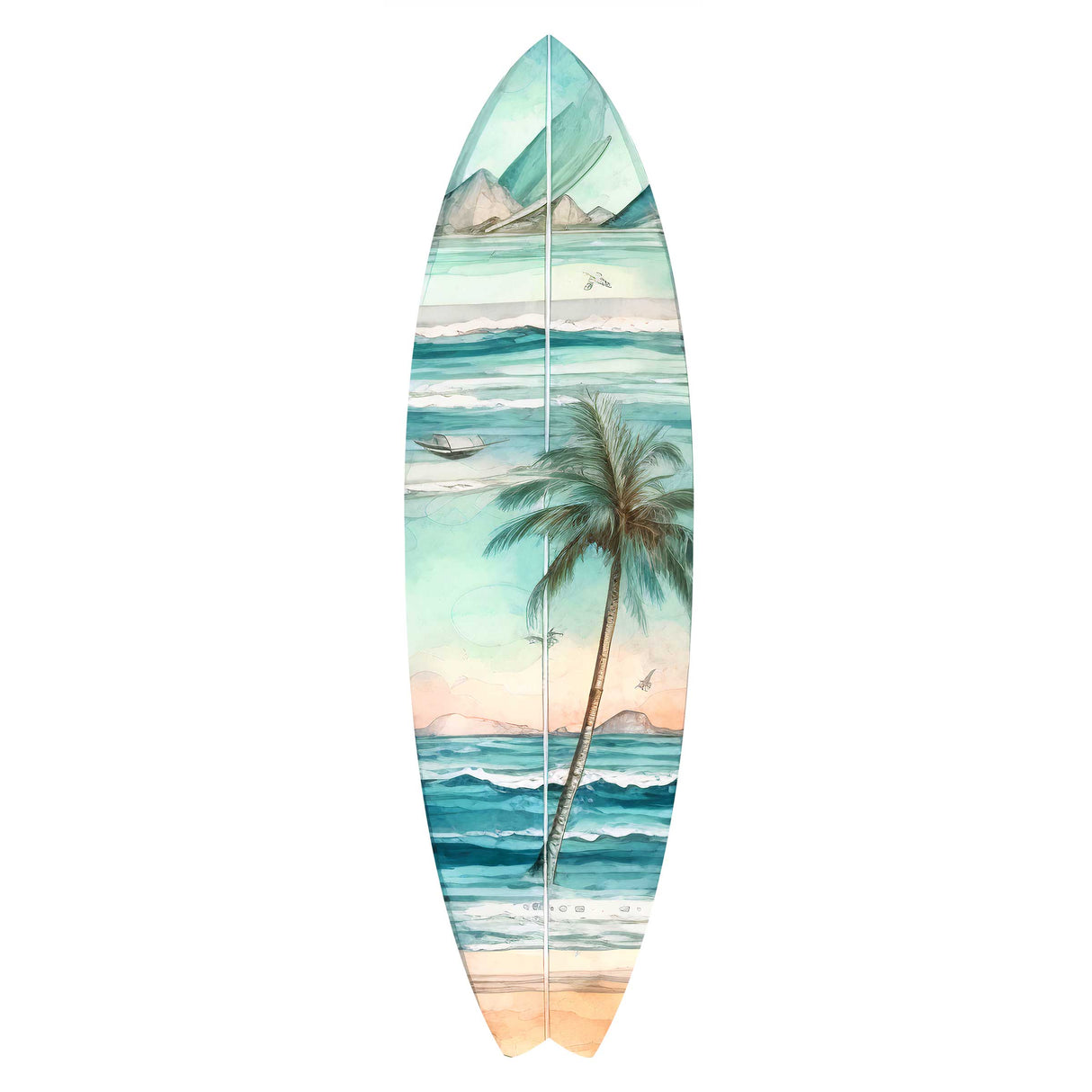Tabla de surf con palmeras tropicales, arte mural costero de G. DeBrekht - Decoración costera navideña - 8490112HS