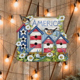 Front Door Patriotic Decoration American Red and White Birdhouse Welcome Sign - Handmade Gift Rustic Adornment by Susan Winget for Wooden Front Porch Decor - 8471213H-SW