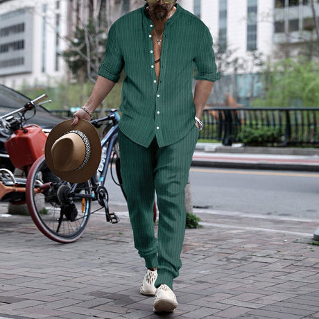Men's Striped Hengli Collar Shirt Trousers - Lootquake