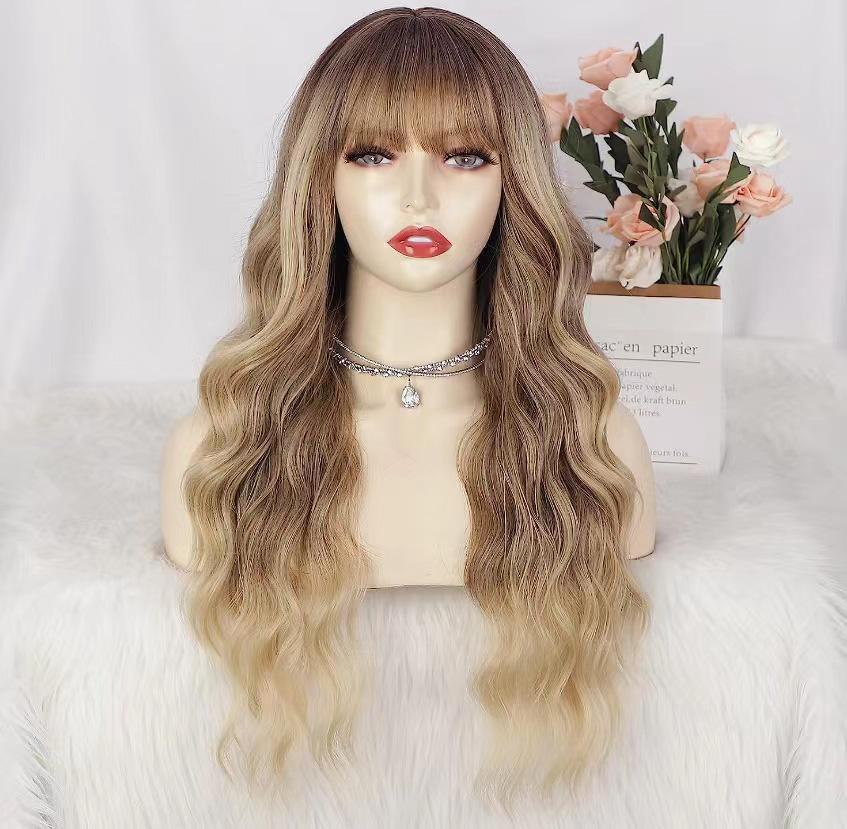 26 Inch Long Ash Blonde Wavy Wig with Bangs