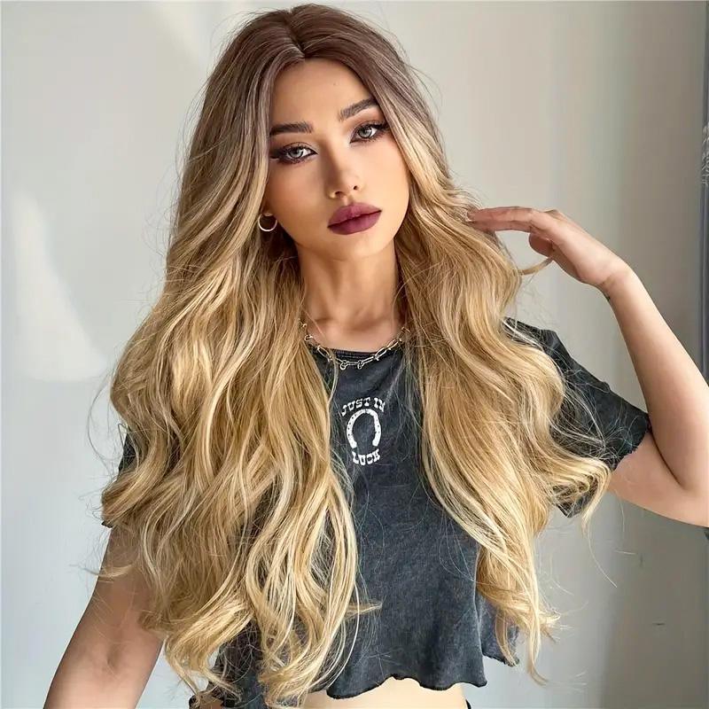 26 Inch Long Ash Blonde Wavy Wig with Bangs