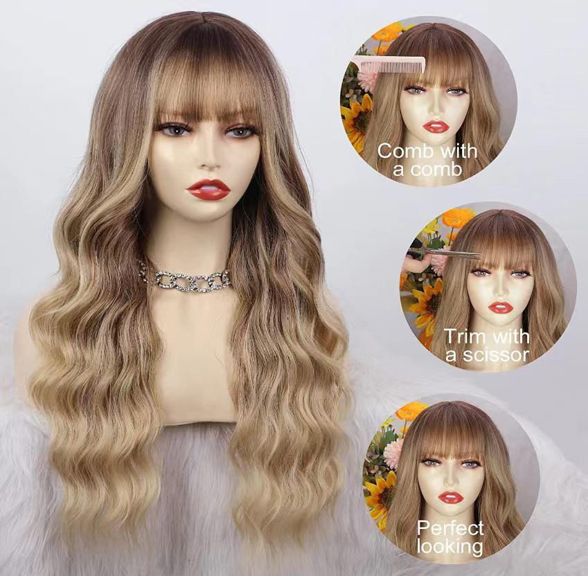 26 Inch Long Ash Blonde Wavy Wig with Bangs