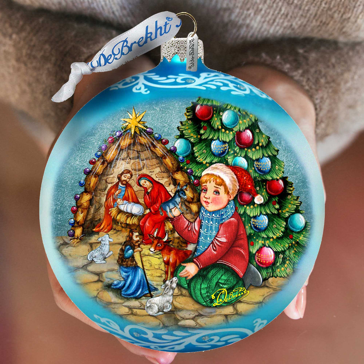 Adorno grande de cristal azul "Nacimiento junto al árbol de Navidad" de G.Debrekht - Decoración navideña - 73930B