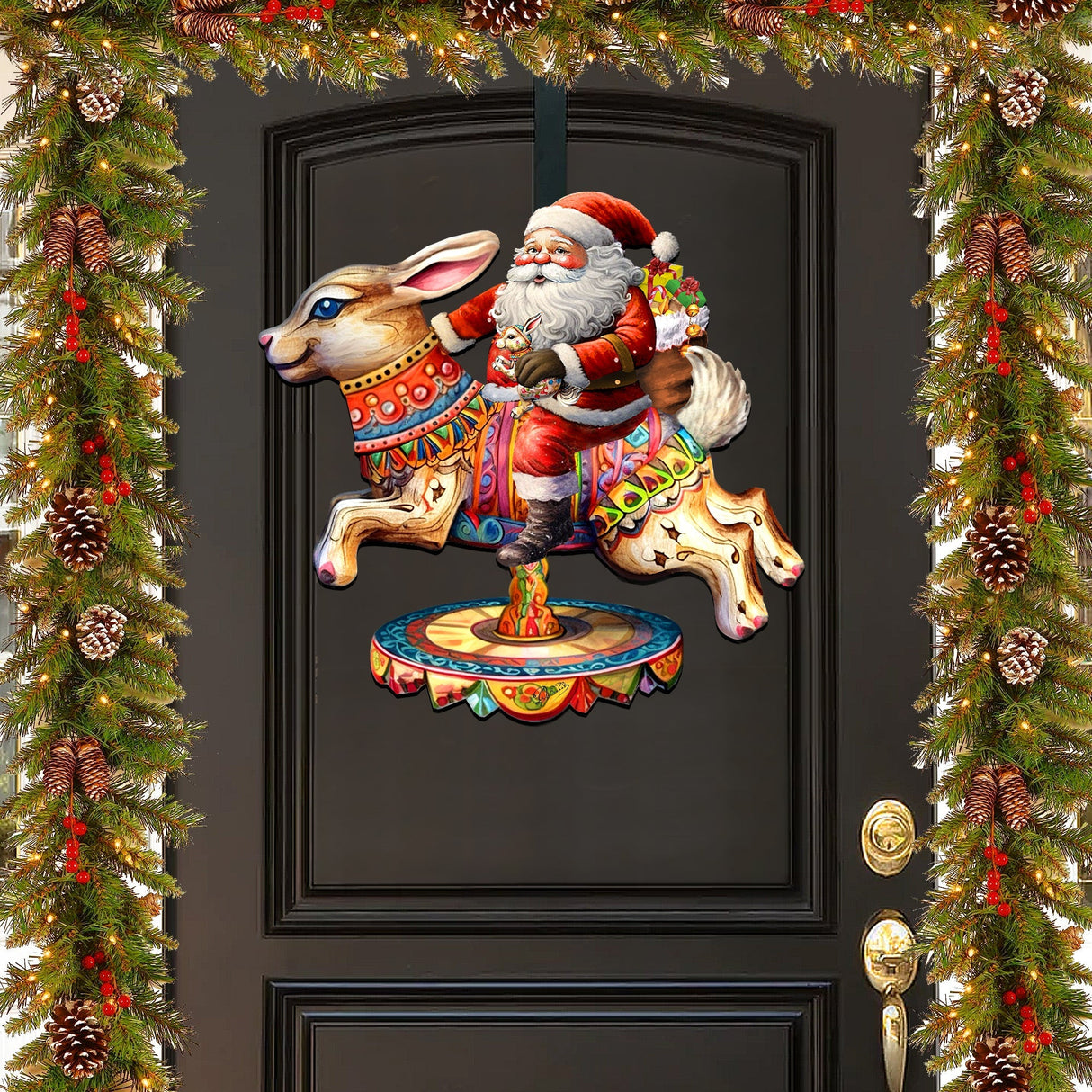 Santa Claus on Bunny Carousel Holiday Door Decor by G. Debrekht - Christmas Santa Snowman Decor - 8611067H