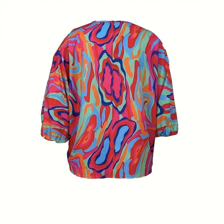 Ladies' Printed Off Shoulder V-neck Zipper Lantern Top - Lootquake
