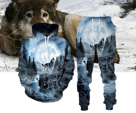Digital Wolf Pattern Hoodie Sweater Pants Suit For Men And Women - Lootquake
