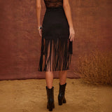 High Waisted Suede Western Studded Tassel Asymmetrical Solid Color Skirt