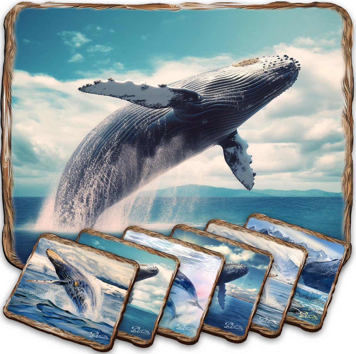 Humpback Whale Wooden Cork Placemat and Coasters Gift Set of 7 by Nature Wonders Coastal Nature Wildlife Decor  - 85403C-S7