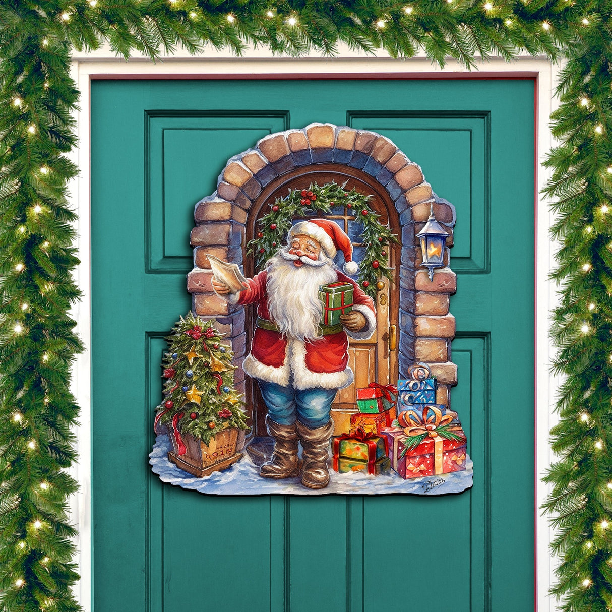 Decoración navideña para puerta con la visita sorpresa de Papá Noel de G. Debrekht - Decoración navideña con muñeco de nieve de Papá Noel - 8611045H