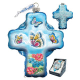 Blue Butterflies Cross Glass Ornament by G. DeBrekht - Nativity Holiday Decor - 758-003