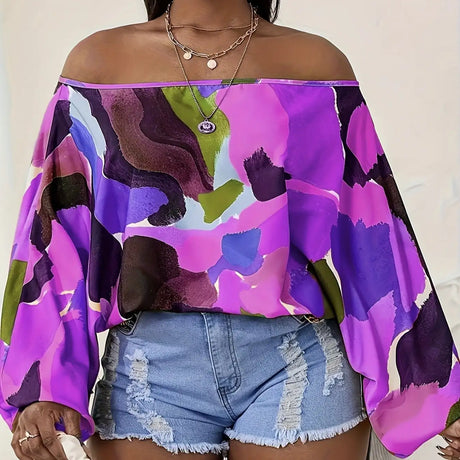 Ladies' Fashionable And Casual Off Shoulder Printed Lantern Sleeves, Loose And Comfortable Versatile T-shirt Top - Lootquake