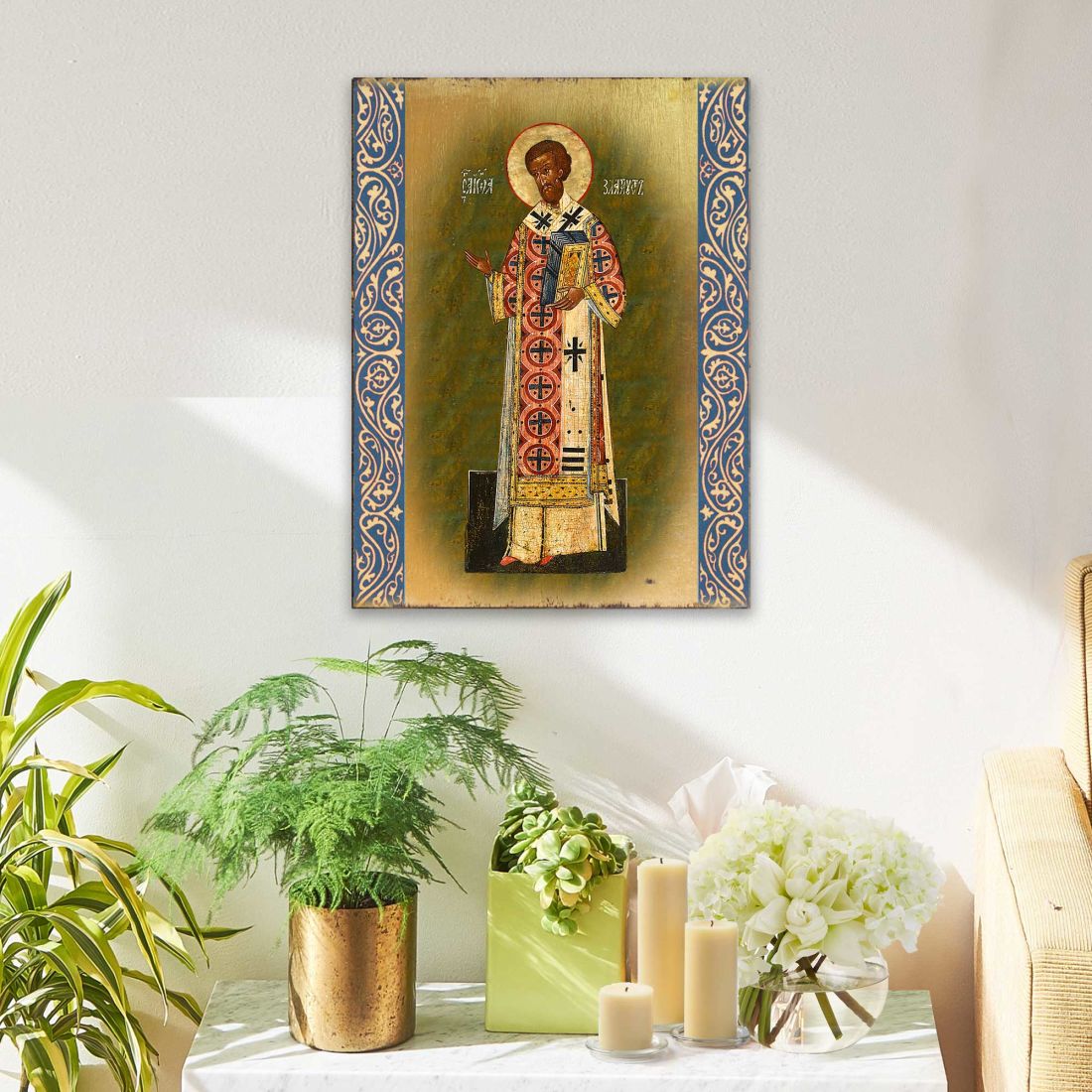 Icono religioso cristiano sagrado de madera bañado en oro de San Crisóstomo - Decoración inspiradora - 85054
