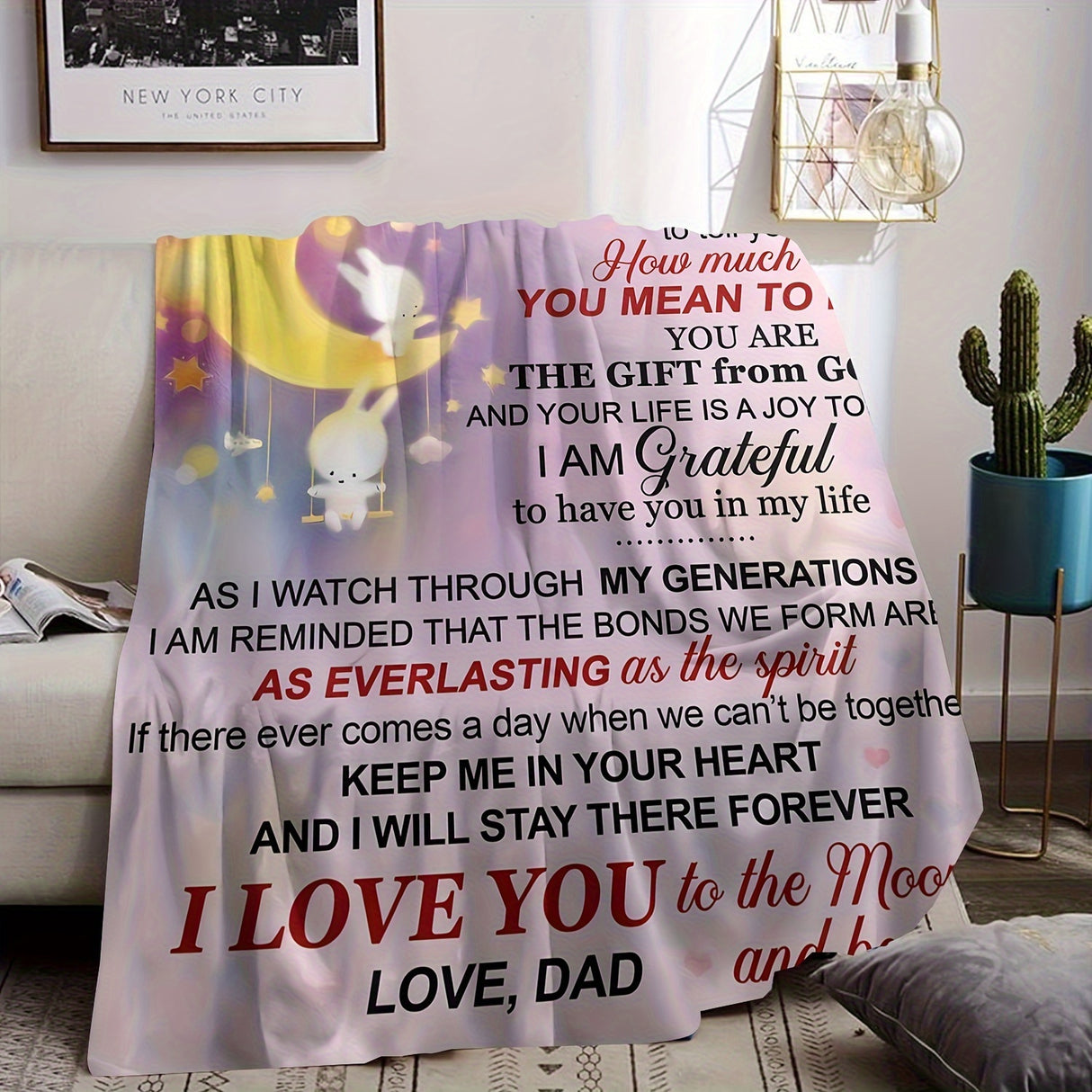 Manta con mensaje sentimental para mi hija, suave manta de franela con temática lunar, regalo de papá para interiores, decoración acogedora para el hogar.