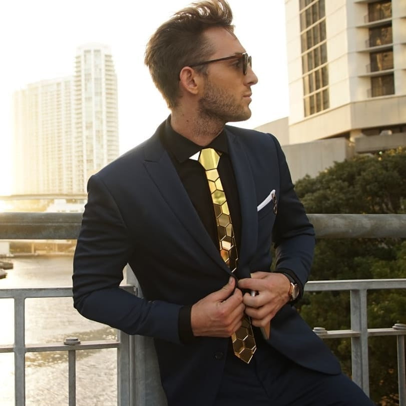 Stitching Geometric Plaid Gold Tie Men's Suit Clothing - Lootquake
