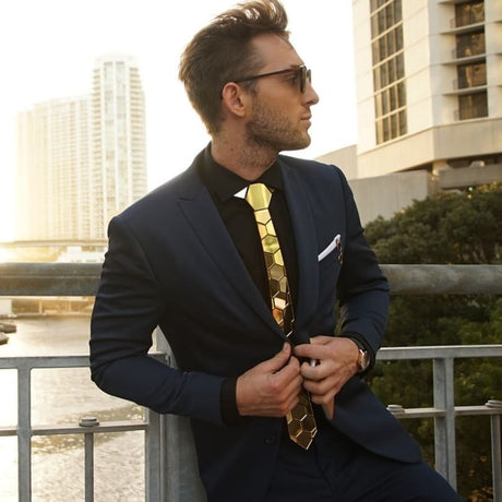 Stitching Geometric Plaid Gold Tie Men's Suit Clothing - Lootquake