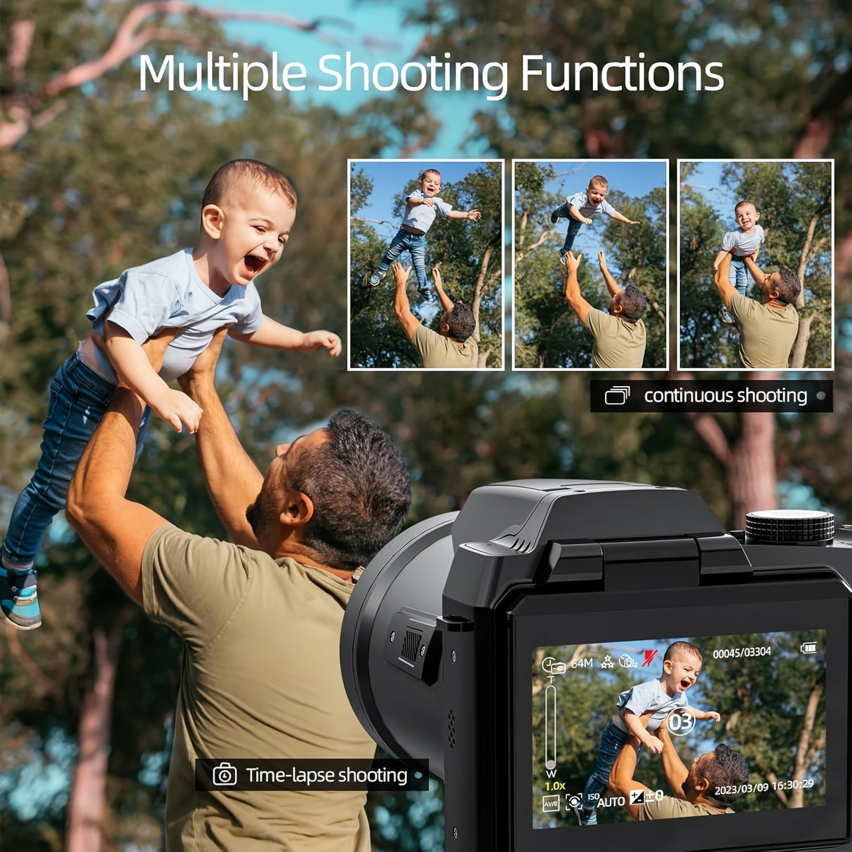 Appareil photo numérique NBD 64 MP pour la photographie et la vidéo, caméra de vlogging 4K avec écran rabattable de 3 pouces, zoom numérique 16x, Wi-Fi et autofocus, dragonne et trépied, 2 piles, carte TF 32 Go