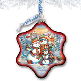 Cheerful Snowmen Snowflake Glass Ornament by G. Debrekht - Christmas Santa Snowman Decor - 754-046