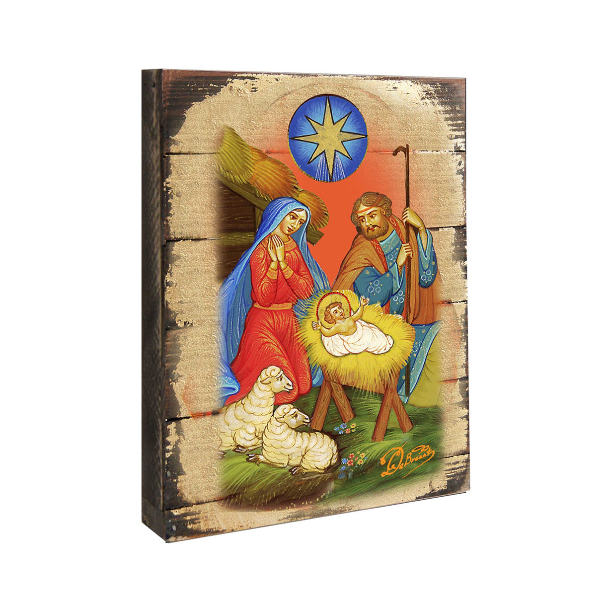 Nativity Birth Wooden Gold Plated Religious Orthodox Sacred Icon - Inspirational Icon Decor - 85019